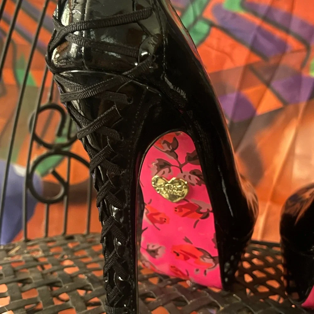 Betsey Johnson Black Patent Lace-Up Heels - Picture 3 of 9